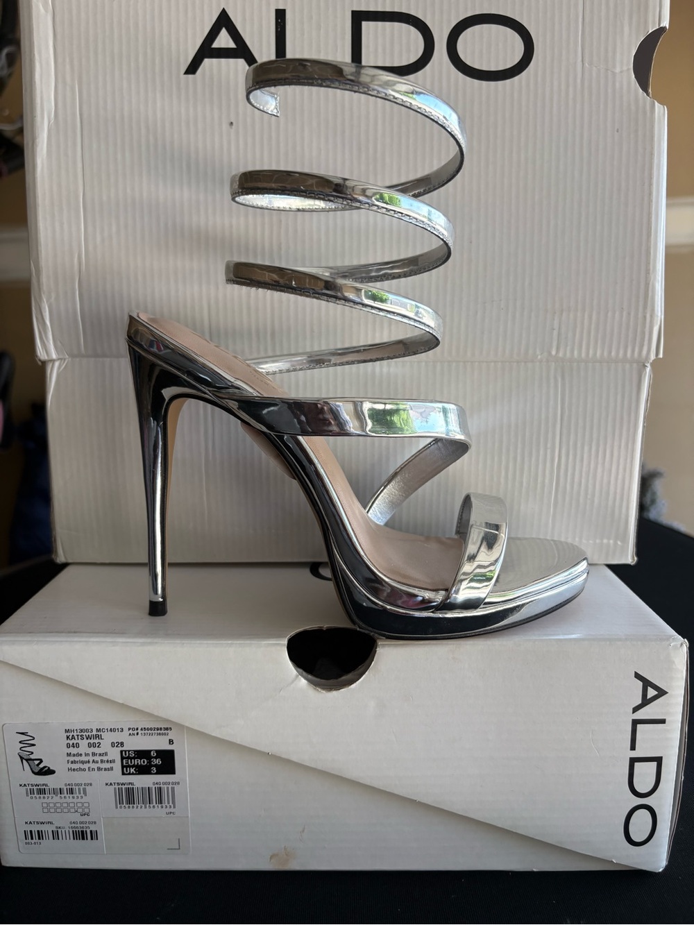 ALDO Metallic Silver Spiral Strap Stiletto Sandals